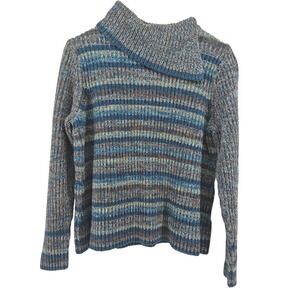 Vtg Villager Liz Claiborne Woman 1X Blue Brown Stripe Ribbed Cotton Sweater Y2K